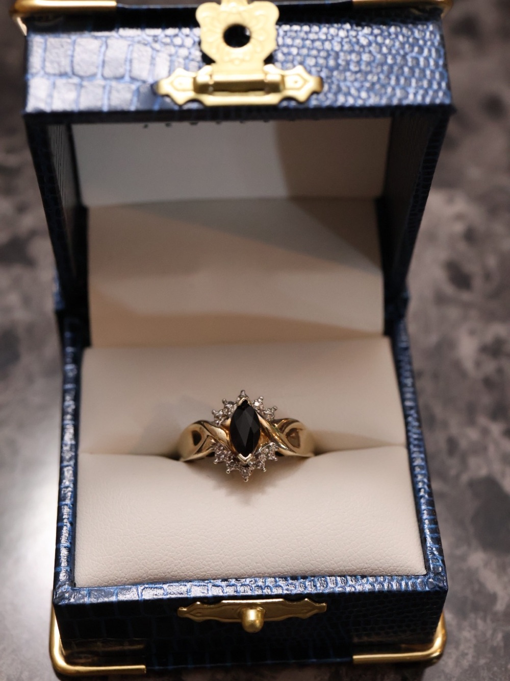 Ring with Black Marquise Center and Halo Accent Diamond 10k gold, 925SS